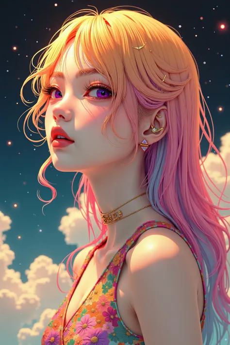 (Japanese girl:1.3), beautiful detailed eyes, beautiful detailed lips, extremely detailed eyes and face, long eyelashes, upper body, from side, looking at viewer, (fractal art:1.3), (rainbow color hair, colorful hair, half pink and half gold hair:1.2), wat...