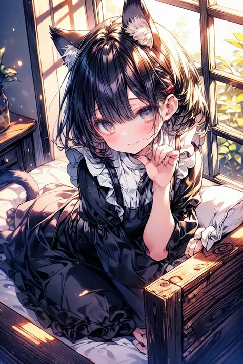 
“Chibi-style cat-eared maid sunbathing by the window, wearing a short black maid outfit with a frilly apron, fluffy cat tail, a gentle smile, resting her small hands on her cheeks in a relaxed pose, bright sunlight streaming in, warm wooden window frame, ...