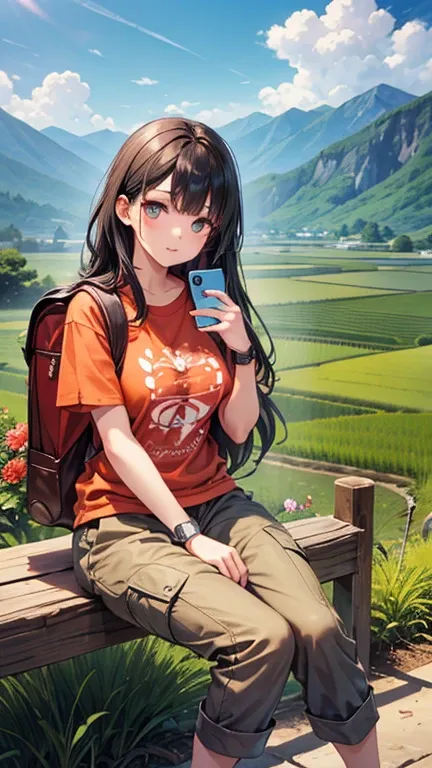 Beautiful Korean girl, fair skin, well-groomed face, long black hair with bangs, wearing an orange long t-shirt with the Mama Muda logo, cargo pants, backpack, wearing a cool watch, sitting on a wooden bridge, holding an iPhone 14 Promex, beautiful flowers...