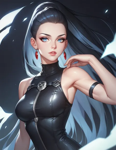 female sleeveless black leather turtleneck catsuit, bare shoulders, racerback, bare toned arms, beautiful faces, black ponytail with showing forehead, long ponytail, earrings, soft smooth skin, light pale skin, black background, blue eyes, sci-fi, assassin...