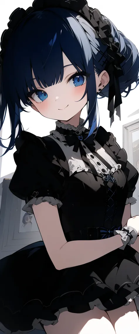 beautiful, masterpieces during breakfast , top quality, one girl, as a portrait shot, viewers, covered {x}、 medium hair up to buttocks、near、 blue eyes、art、 white-haired,Blue striped hair、 wallpaper、cute smile、Thighs、cute、Full Harness、gothic lolita o...