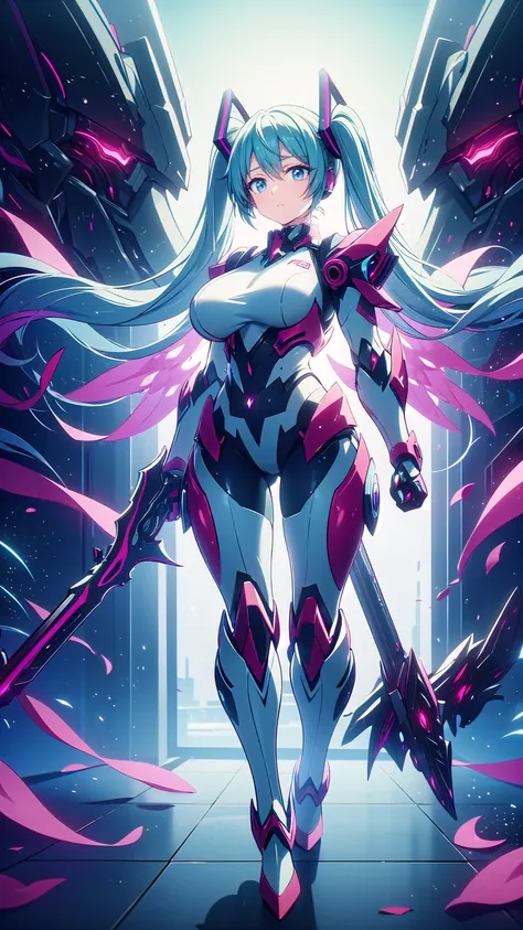 masterpiece, Hatsune Miku VOCALOID, ((Mecha Girl)),  twin tails,  Light Blue Eyes, Light blue hair,  Bodysuit  , Im wearing Gundams armor, (( Angel Wings )), ((Mecha Girl)), ((  cyberpunk  )),  high heels,  ultimate physical beauty,  beautiful eyes , Big B...