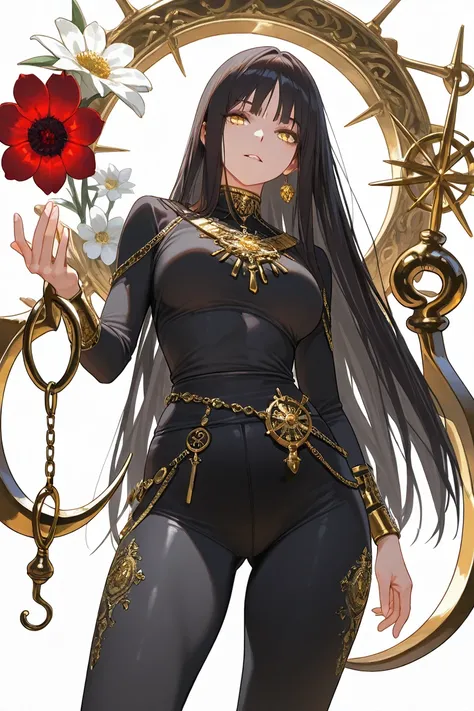  masterpiece,   high resolution,  HD model ,  1 girl,  dark haired,  long hair, Straight Hair,  yellow eyes ,  grins , black clothes, Tight pants,  black pants,   gold ornaments, Red accessories , Floating flowers , Red flowers, Flowers , White flowers,  w...