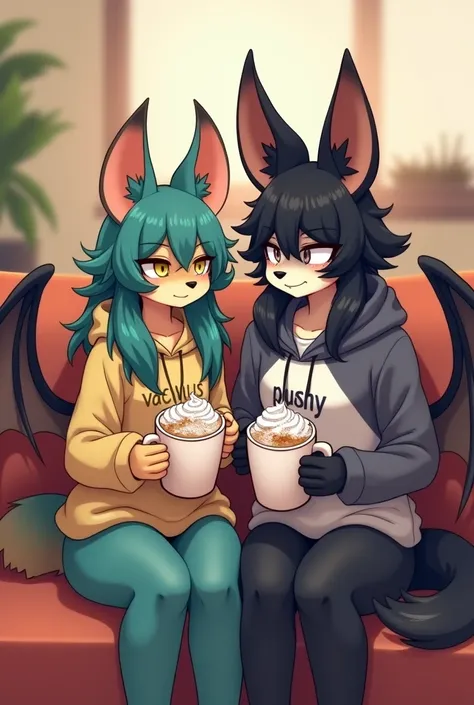 a Teal and Beige skinned adult female Bat furry with wolf ears and tail with yellow eyes bat wings wearing a hoodie with the words Vacivus On the front holding a mug of hot chocolate with whip cream and cinnamon on top with long teal and beige hair standin...