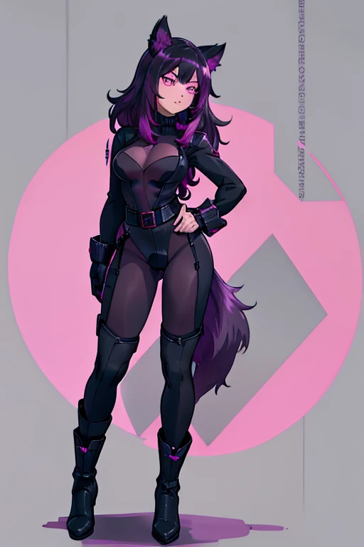 female, black long hair with magenta highlights, silver eyes, black wolf ears, black wolf tail (((1girl))), (((black body suit with magenta trim))), (black belt), (black boots), (black gloves), cute and sexy, full body, big breasts, long legs