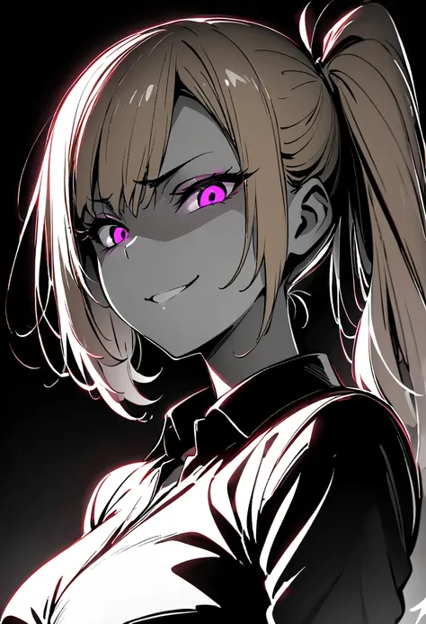 masterpiece, best quality, monochrome, greyscale, ebiblue, gesugao, 1 woman, glowing violet eyes, yellow hair, side ponytail , kawakami mai, (glowing eyes:0.5), smile, cocky look, upper body, looking at viewer, (black background, simple background:1.3), wh...