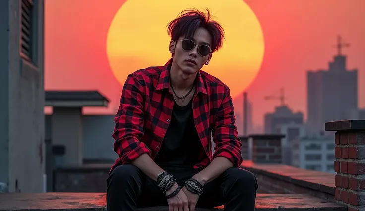 Create an artistic arafed of a korean rocker styled in the same outfit as the reference photo: a red plaid button-up shirt over a black undershirt, paired with black pants. The rocker should have a rugged and edgy vibe, with short tousled hair, a leather b...