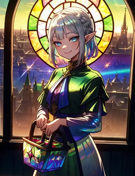 The background is a sunset sunset 、 medieval cityscape with basket、Inside the kaleidoscope、 stained glass background、Green clothing、Rinwell style braided silver short hair( Holographic :1.2),  pointed ears、Elf、 blue eyes、 Rough Outfit 、 long lashes,smile、M...