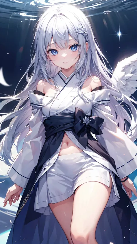 Very long hair、Silver Hair、Delicate sparkling eyes、 blue eyes、 three pairs of angel wings 、 Smile、Awkward、緊張した Smile、 Japanese Cartoons、Motion Blur、shine、Reflected Light、Film Grain、masterpiece、Texture skin 、 super detailed、high detail、 high quality、最 high ...