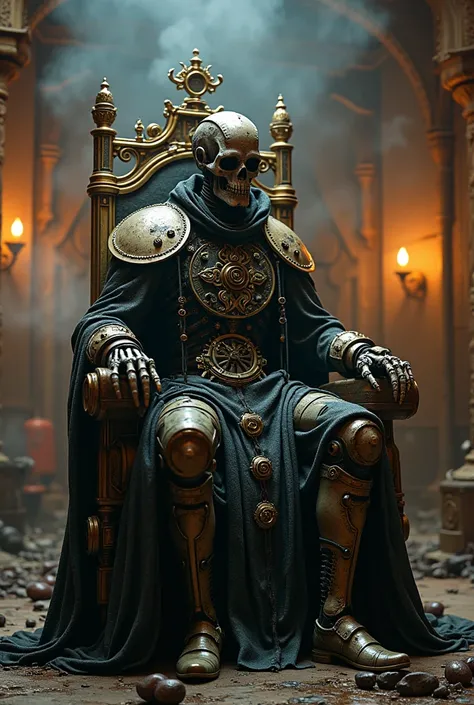 solo, male, clockwork human, steampunk, clockwork king, robotic, construct, mechcanical, life support tubes connected to body, tattered medieval king clothing, mechanical skeleton, lich, full body, shabby, rusted, decaying, seated on clockwork throne, by o...