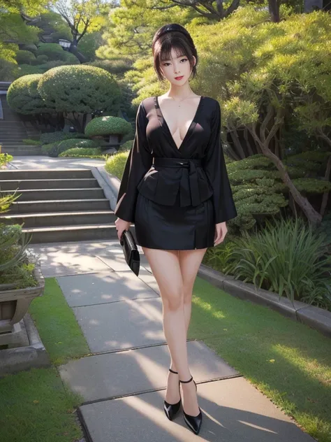  hyperrealistic 8K,  ultra-high definition and realistic depiction , Im wearing , fashion photography, (Full body leg shot ),  Japanese woman standing, Vintage and beautiful Japanese female models,  full-body image of a Japanese woman in an empty park , Ha...