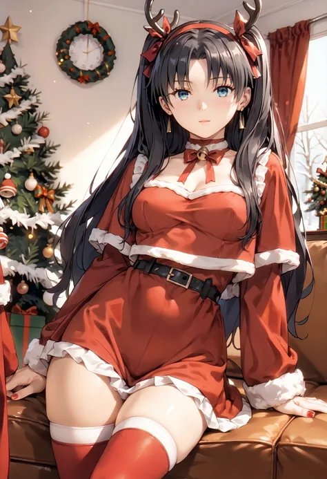 sfw, anime style, extremely detailed CG, high resolution, best quality, masterpiece, single woman, tohsaka rin (fate zero), black hair, blue eyes, (beautiful detailed eyes: 1.4), christmas outfit, thigh-high stockings, natural pose, christmas tree, indoors