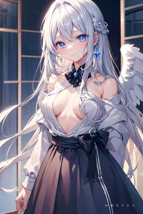 Very long hair、Silver Hair、Detailed sparkly eyes、blue eyes、Three pairs of angel wings、smile、Embarrassing、Nervous smile、anime、Motion Blur、shine、reflected light、Film Grain、masterpiece、Textured Skin、Super Detail、High Detail、high quality、最high quality、High Res...