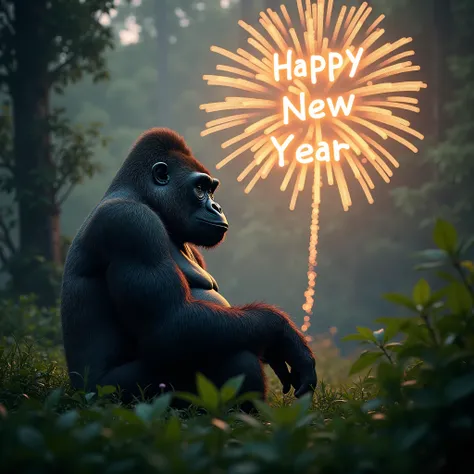 A powerful silverback gorilla sitting peacefully in a lush jungle clearing, watching golden fireworks light up the sky. The text "Happy New Year" is integrated subtly into the firework trails. Ultra-HD, cinematic realism, 8K.
