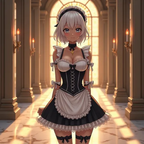 anime girl "masterpiece, (((wide shot))) (((panning shot))) (((head to toe shot))) (((full body shot))) (portrait:1.3), of a large hallway in an elegant mansion, illuminated by a warm golden light filtering through high stained glass windows. The scene cap...