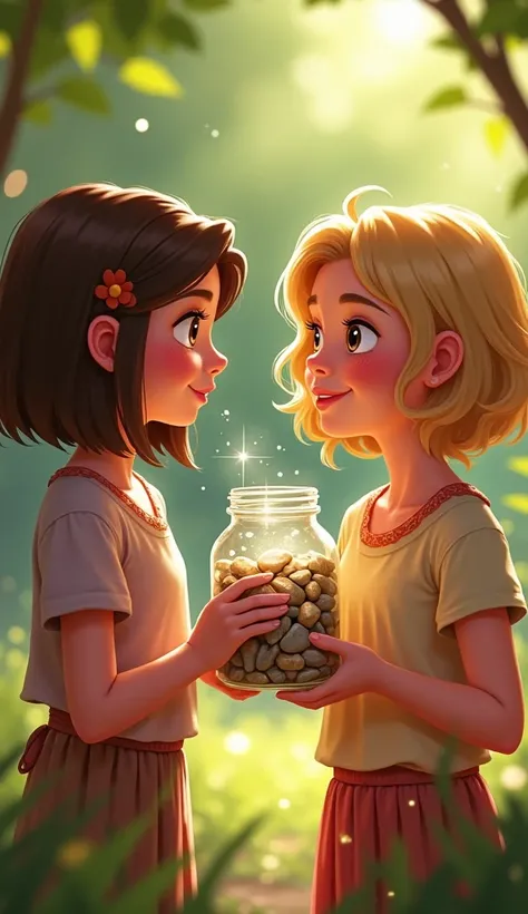  A  girl Sofia asking her friend Lara who was holding a jar of shiny and shiny pebbles. Lara has medium hair with the color blonde and Sofia has short hair with the color brown .