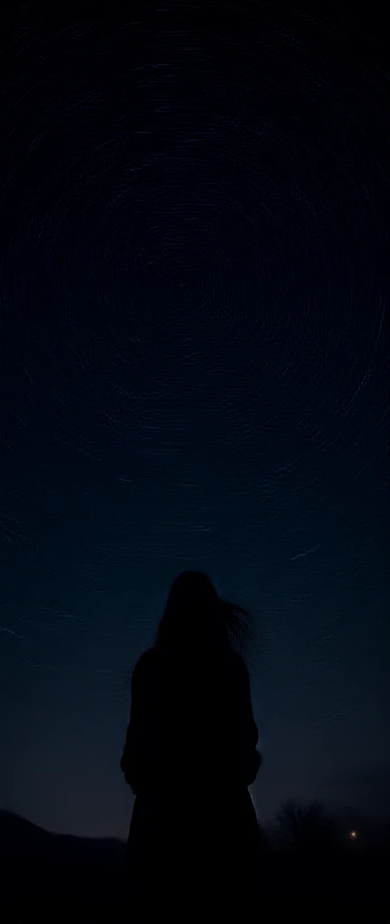 long exposure starry sky with many circular orbits, focus at stars,silhouette of a young woman with long hair with her hands in her coat pockets looking up at it,golden ratio