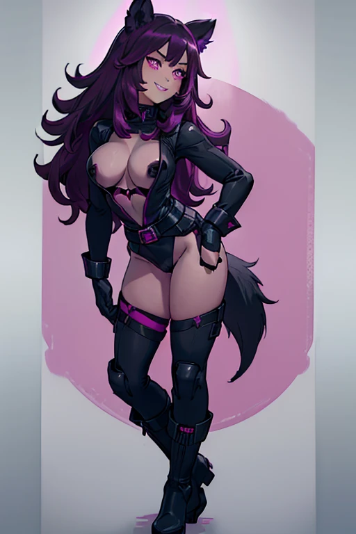 female, black long hair with magenta highlights, silver eyes, black wolf ears, black wolf tail (((1girl))), (((black body suit with magenta trim))), (black belt), (black boots), (black gloves), (black pants), cute and sexy, full body, big breasts, long leg...