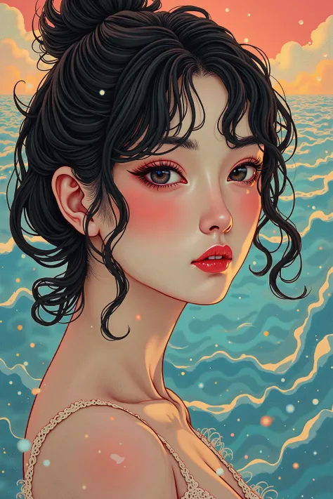 (Japanese girl:1.3), beautiful detailed eyes, beautiful detailed lips, extremely detailed eyes and face, long eyelashes, upper body, from side, looking at viewer, (fractal art:1.3), (black hair), water, liquid, cloud, colorful, starry, stars, (best quality...