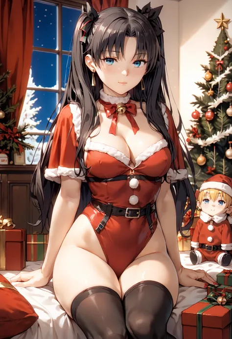 sfw, anime style, extremely detailed CG, high resolution, best quality, masterpiece, single woman, tohsaka rin (fate zero), black hair, blue eyes, (beautiful detailed eyes: 1.4), christmas outfit, thigh-high stockings, natural pose, christmas tree, indoors