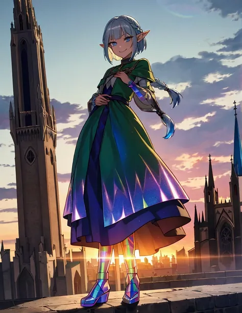 The background is a sunset sunset 、 medieval cityscape with basket、cathedral、Full body painting、 dynamic pose、Green clothing、Rinwell style braided silver short hair( Holographic :1.2),  pointed ears、Elf、 blue eyes、 Rough Outfit 、 long lashes,smile、Mr.々Expr...