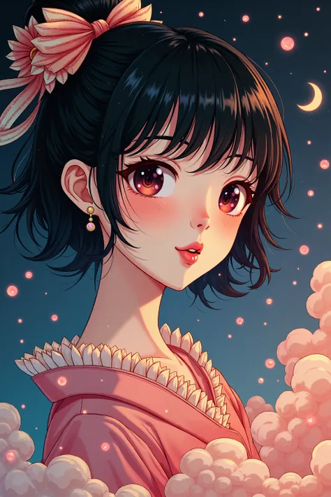 (Japanese girl:1.3), beautiful detailed eyes, beautiful detailed lips, extremely detailed eyes and face, long eyelashes, upper body, from side, looking at viewer, (fractal art:1.3), (black hair), water, liquid, cloud, colorful, starry, stars, (best quality...