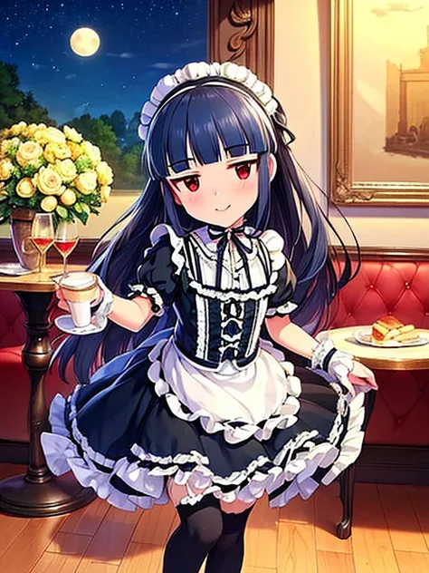 ( top quality、16k、  masterpieces during breakfast 、 super high resolution、  Victorian Era 、 Photorealistic:1.2)、Smiling under the stars, Toddler wearing maid hat with ruby accessories, She wears a white and black gothic maid outfit with a navy blue ribbon....