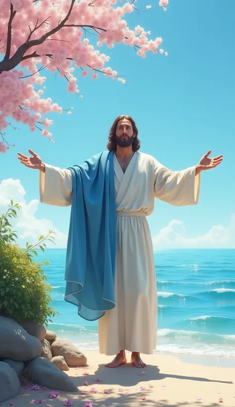 Jesus in blue scarf standing on beach, spreading hands wide , looking to sea water , bush flower, blue sky in front of him, under cherry tree 