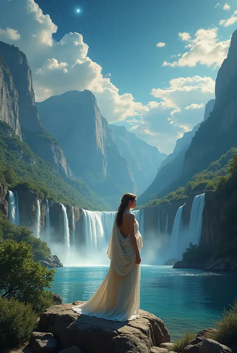  anatomy, 8K, Goddess Venus in a Great Valley of Waterfalls, clouds, mountains, lake, rivers, Falls and beautiful starry night