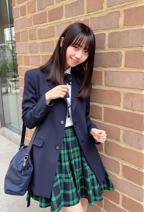 ( top quality,8k),(smile),( Cowboy Shots),( school uniform),(Sports Bags),(1 bag),( navy blue blazer),(The blazer is long ), bow tie ,( Green Tartan Check Skirt),( white socks ),Long face,Black Hair Bob,Cherry Tree
