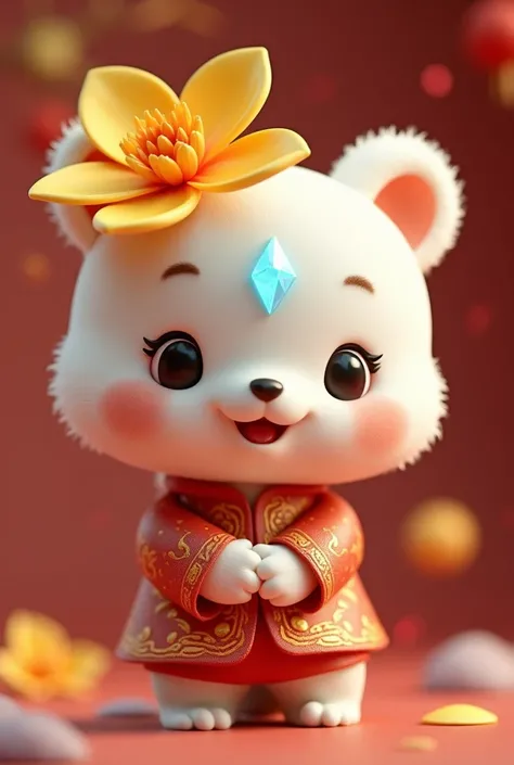 Moonstone white Mascot with yellow Ochna integerrim flower on head wearing china new year suit has moonstone on face