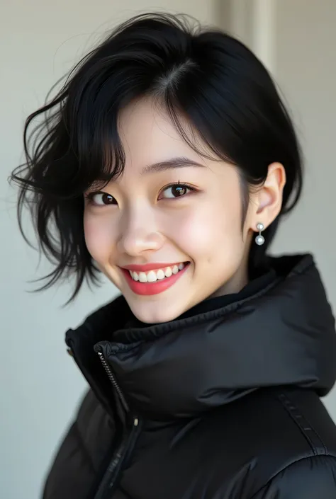 Japanese girl 、 black hair、 Hairstyle group、、Ear piercing、黒い down jacket、smile、 beautiful alignment of teeth、 trainer、 upper body、 Neutral Backgrounds 、 frontal angle

