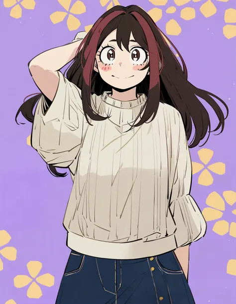 One girl, female focus, Midoriya Izuku x Uraraka Ochaco daughter, boku no hero academia, masterpiece, highest quality, so beautiful, long hair, (casual clothes), reference sheet
