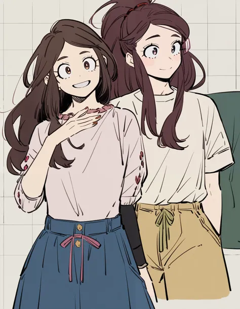 One girl, female focus, Midoriya Izuku x Uraraka Ochaco daughter, boku no hero academia, masterpiece, highest quality, so beautiful, long hair, (casual clothes), reference sheet
