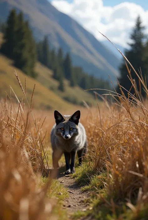 many ichu plants in the front in the photographic foreground ,  plus in the distance an Andean fox with dark fur hidden between ichus or straw in the background, only part of the fox is shown since it is hidden among leaves and ichus seen in the distance. ...