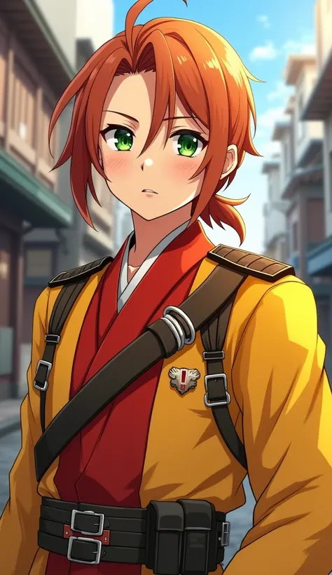 Anime Boy,  Orange brown hair, green eyes, strong body, yellow and red Japanese soldiers clothes [[[ high quality ]]][[[tall details ]]] Ultra HD,  high resolution, in the city japonese,, straight hair, low ponytail, side-parted bangs, anime style, strong ...