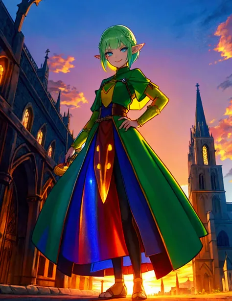 The background is a sunset sunset 、 medieval cityscape with basket、cathedral、Full body painting、 dynamic pose, battle scene, characters（Green clothing、Rinwell style braided holographic short hair,  pointed ears、Elf、 blue eyes、 Rough Outfit 、 long lashes,sm...