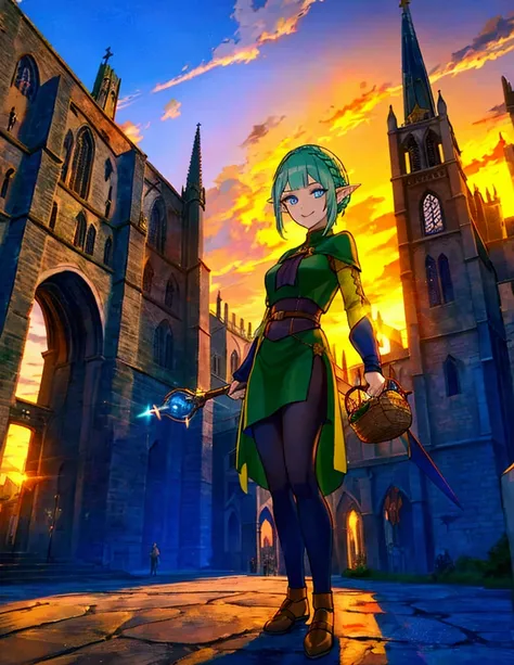 The background is a sunset sunset 、 medieval cityscape with basket、cathedral、Full body painting、 dynamic pose, battle scene, characters（Green clothing、Rinwell style braided holographic short hair,  pointed ears、Elf、 blue eyes、 Rough Outfit 、 long lashes,sm...