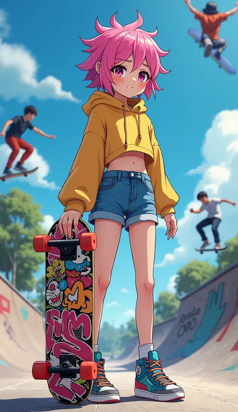 Skateboard Star
"An anime-style young woman with short, spiky pink hair wearing a cropped hoodie, denim shorts, and colorful sneakers. She holds a graffiti-designed skateboard while standing in a skatepark, surrounded by ramps, graffiti walls, and other sk...