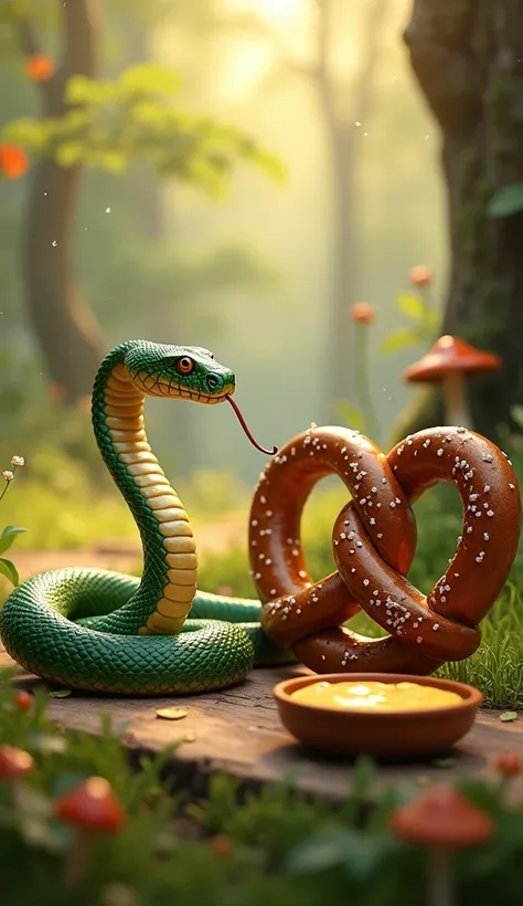 "Create a playful digital artwork titled Snake and Pretzel Face-Off. The scene features a curious snake coiled near a perfectly baked pretzel in a whimsical, surreal setting.

Left Side (Snake): A lifelike snake with sleek, glossy scales in shades of emera...