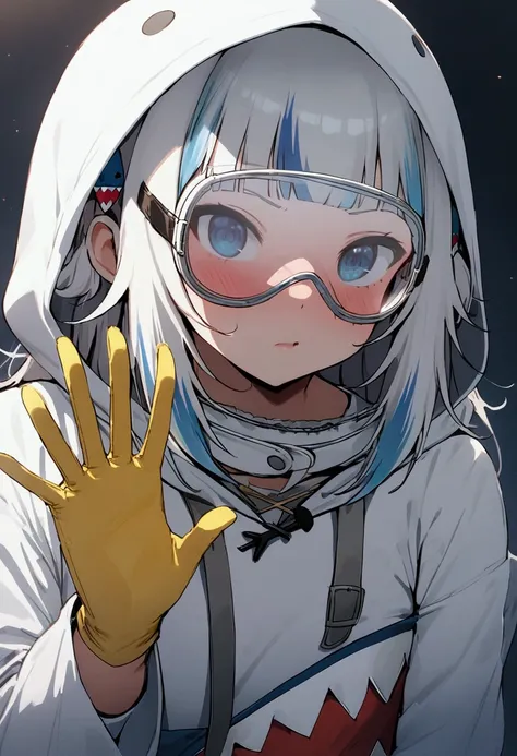  Horny 1 girl, gawr gura,  is wearing a white medical coverall , white high boots , yellow long gloves,  full face protective glass mask,  with a hood from a coverall 