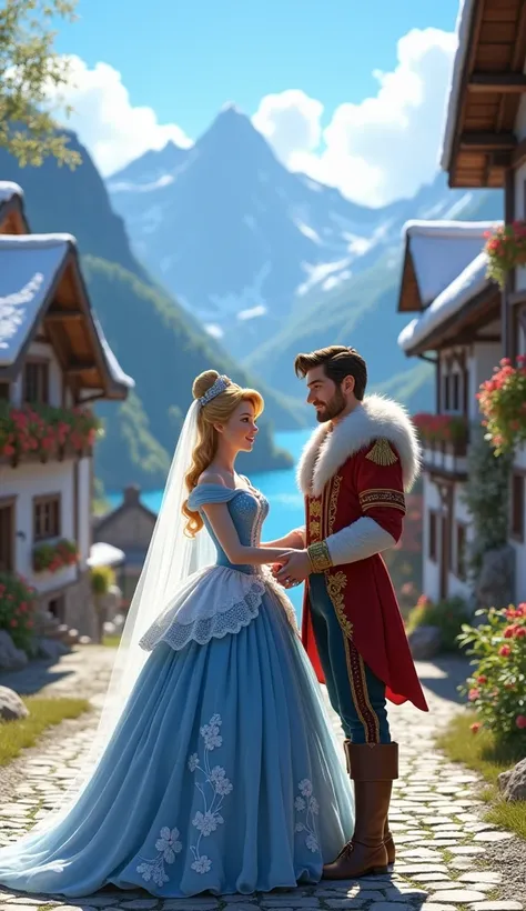 Cinderella & Prince Charming (Switzerland)
Prompt:
Cinderella and Prince Charming, retaining their classic cartoon features, stand together in a Swiss alpine village. Cinderella’s iconic blue ballgown is reimagined with delicate lace and embroidery inspire...