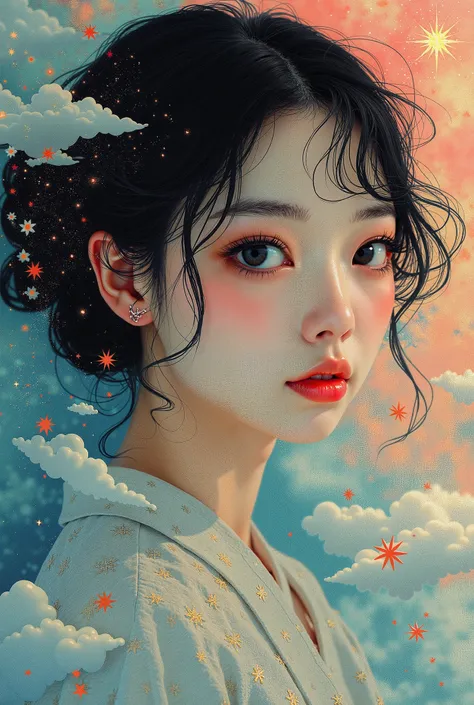 (Japanese girl:1.3), beautiful detailed eyes, beautiful detailed lips, extremely detailed eyes and face, long eyelashes, upper body, from side, looking at viewer, (fractal art:1.3), (black hair), water, liquid, cloud, colorful, starry, stars, (best quality...