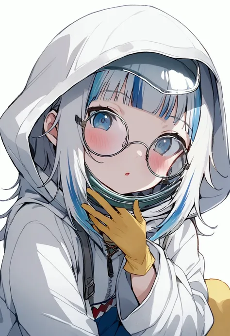  Horny 1 girl, gawr gura, wearing a white medical coverall , yellow high boots , yellow long gloves,  full face protective glass shild, with a hood from a coverall 