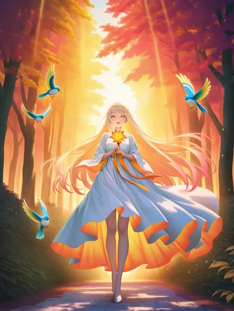 a cute anime girl singing with a bird, detailed and beautiful face, long eyelashes, detailed eyes, detailed lips, porcelain skin, flowing long hair, angelic expression, fantasy magical forest background, sunlight filtering through trees, colorful birds fly...