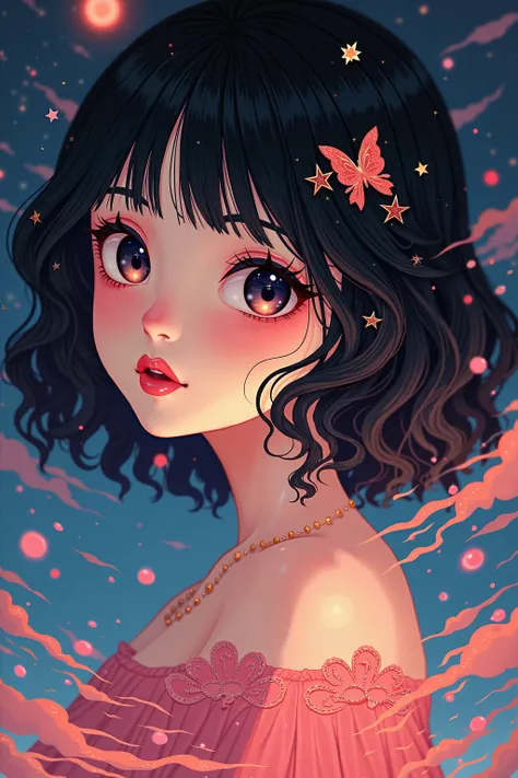 (Japanese girl:1.3), beautiful detailed eyes, beautiful detailed lips, extremely detailed eyes and face, long eyelashes, upper body, from side, looking at viewer, (fractal art:1.3), (black hair), water, liquid, cloud, colorful, starry, stars, (best quality...