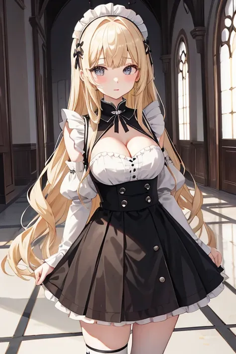 whole body、 standing、 maid outfit 、 miniskirt、 cute face、Droopy eyes、The large hall inside the castle 、 has a white and black checkered floor、、 blonde semi-long hair、 cleavage、( huge boobs :0.2)