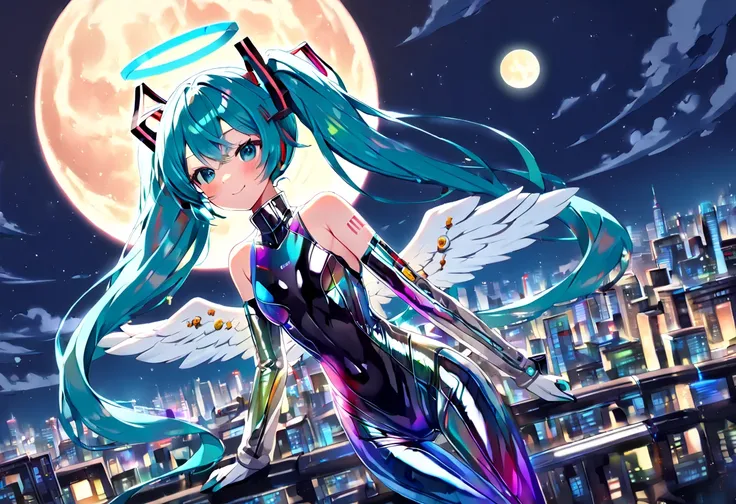 (hatsune miku, angel:1.4), (angel wing, angel halo:1.4), (gleaming skin, shiny skin:1.4), (iridescent body suit, bare shoulder, turtleneck, camouflage:1.4), (flying:1.4), (futuristic City, downtown sky:1.4), (midnight, fullmoon:1.4), 