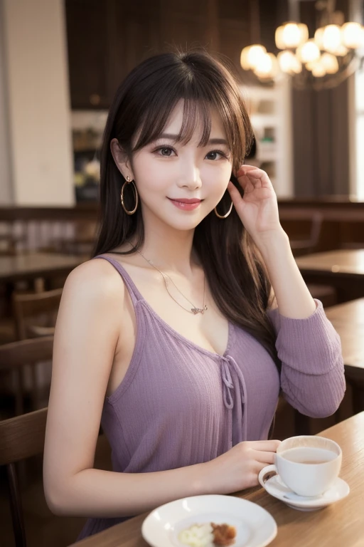  Inhaling Eyes , cute double ,  mysterious woman enjoying chiffon cake at cafe,  inside a calm cafe , Light colored medium hair, hairpin,  clothes chosen for a date , Talented , Kind personality,  woman who is very particular about the details ,  detailed ...