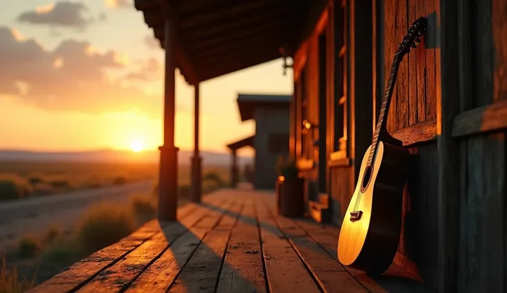 Closing shot: A guitar leaning against the saloon wall as the sun sets, casting long shadows and filling the screen with golden light."